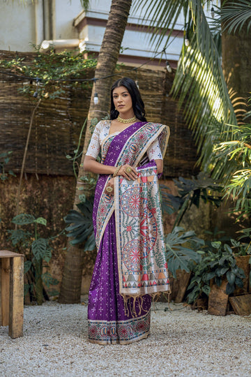 Violet Pure Soft Tussar Silk Madhubani Saree