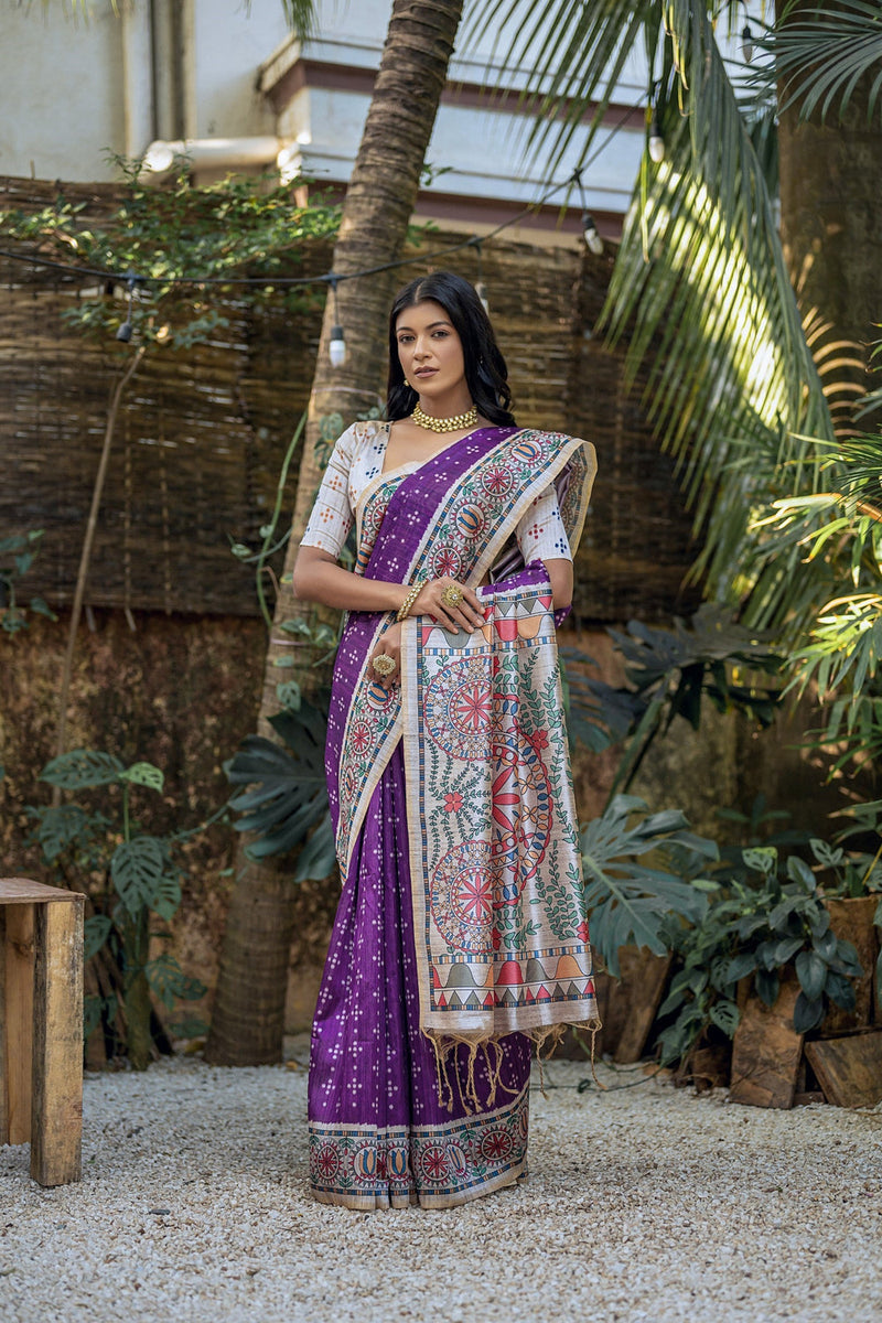 Violet Pure Soft Tussar Silk Madhubani Saree