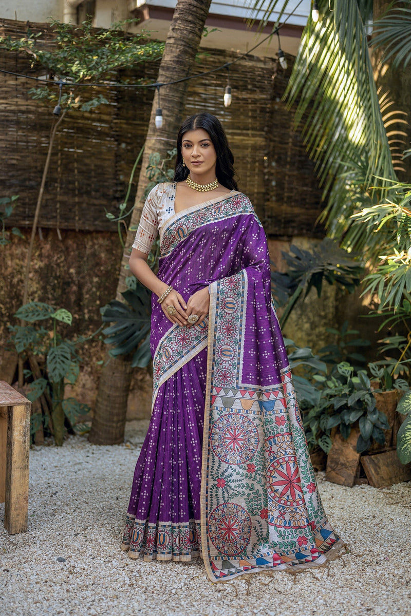 Violet Pure Soft Tussar Silk Madhubani Saree