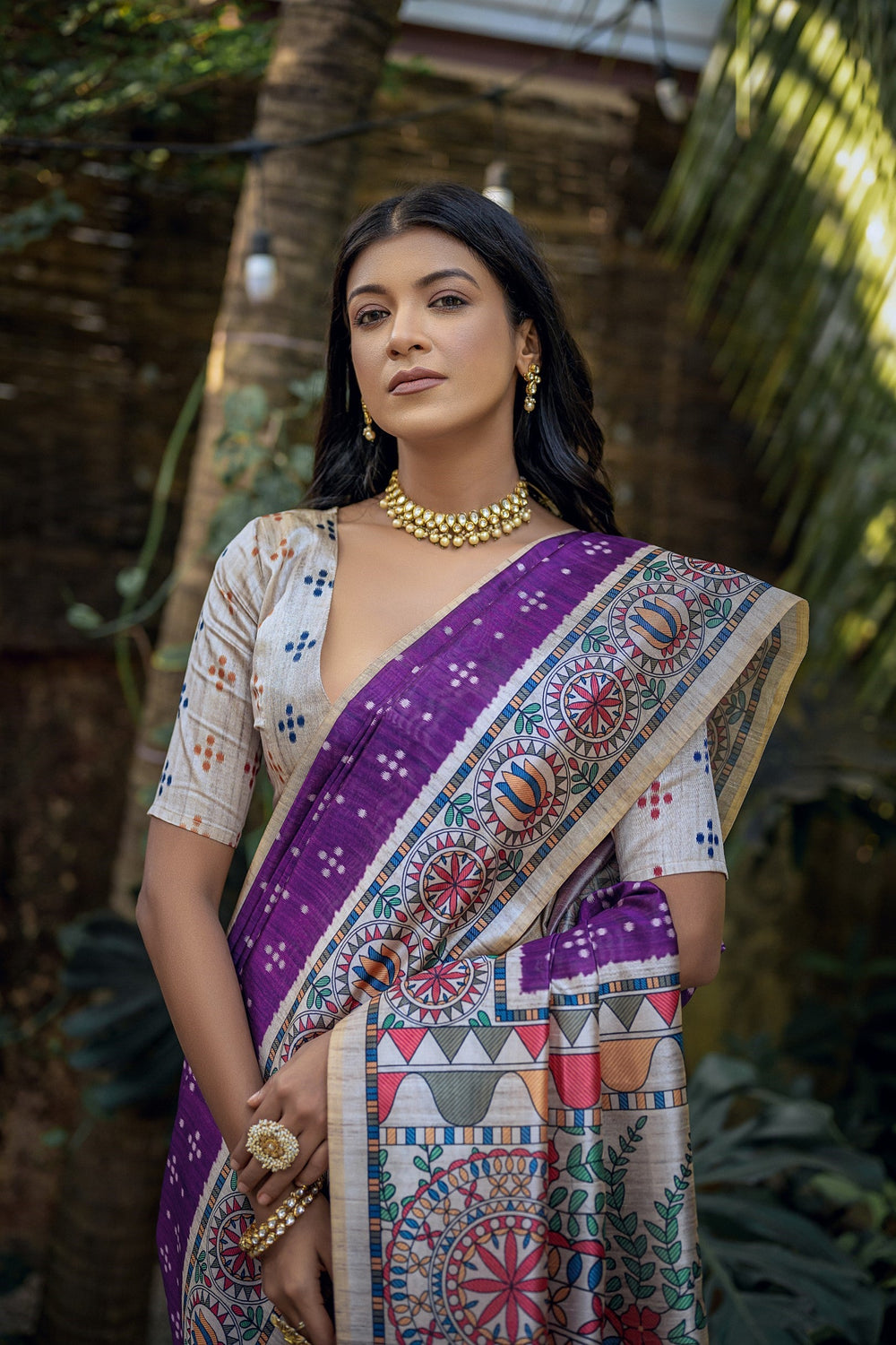 Violet Pure Soft Tussar Silk Madhubani Saree Tussar Saree Anant Tex Exports Pvt.Ltd..