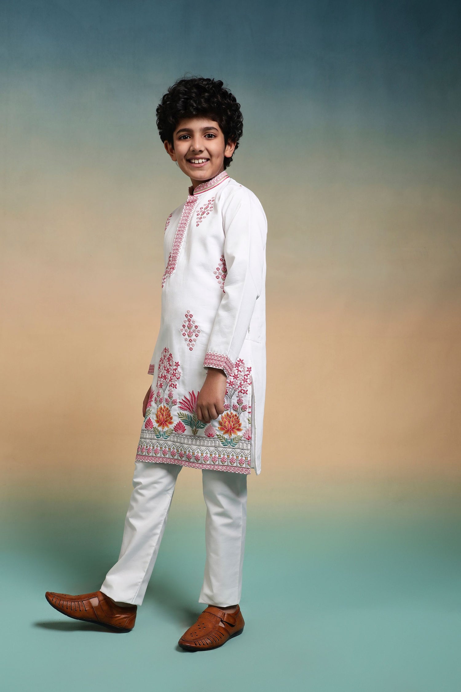 White Pure Viscose Silk Kids Boy Kurta Pajama 