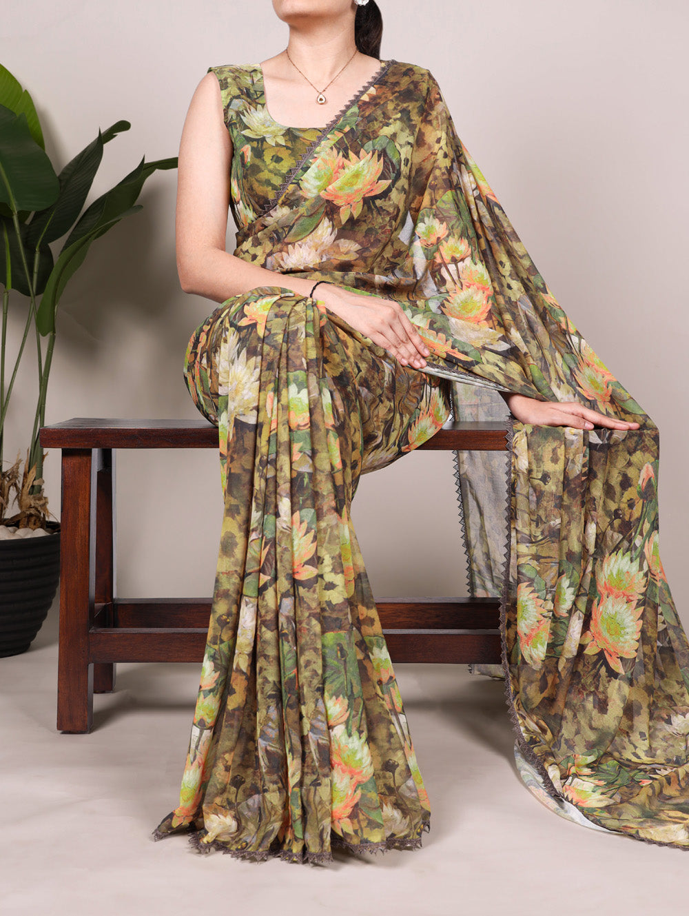Mehandi Pure Weightless Marbal With Floral Print Weightless Saree