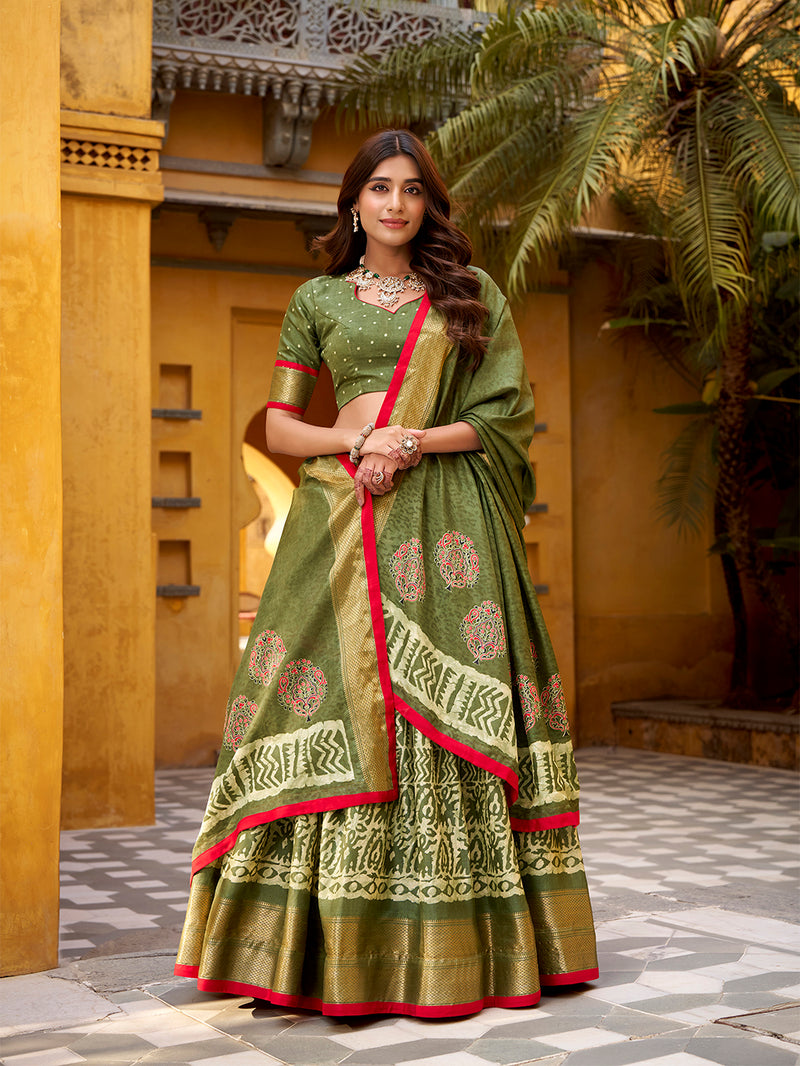 Mehendi Color Batik Printed Dola Silk Lehenga Choli 