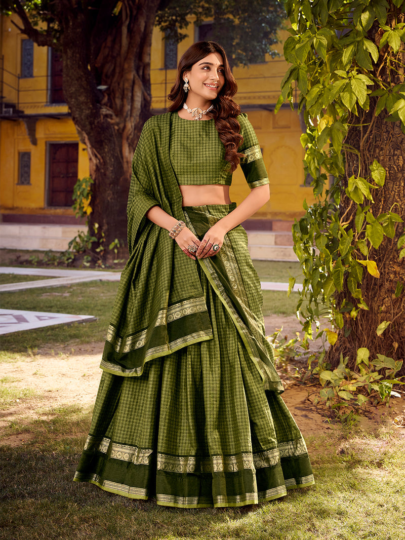 Mehendi Color Chex With Zari weaving Work Chettinad Cotton Lehenga Choli 