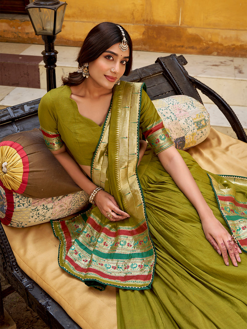 Mehendi color Chanderi Ghaghra Choli ##color## Sequins Lehenga with premium fabric and embroidery