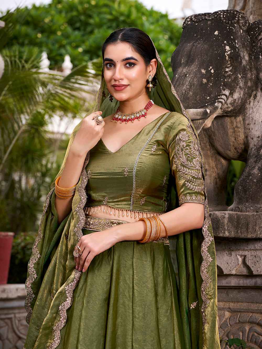 Mehandi Pure Fendi Silk Sequins &amp; Thread Embroidery Work Lehenga Choli