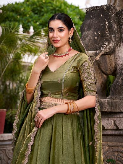 Mehandi Pure Fendi Silk Sequins &amp; Thread Embroidery Work Lehenga Choli