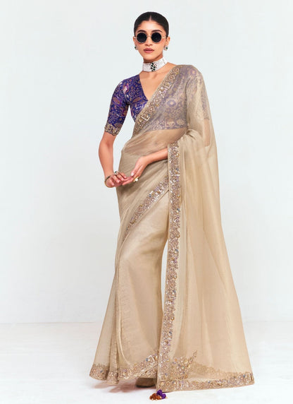 Cream Pure Soft Fancy Febric Party Wear Premium Saree