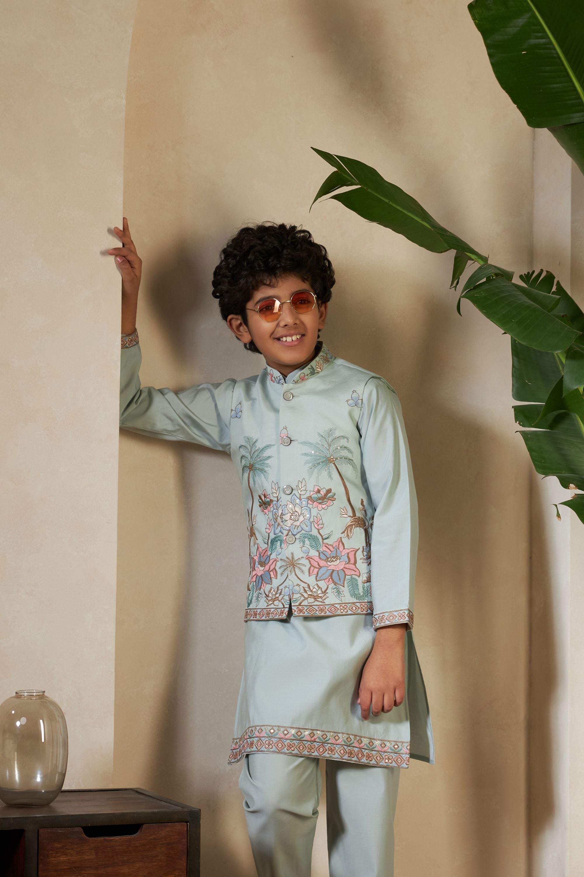Pista Pure Viscose Silk Silk Kids Boy Kurta Pajama With Koti Jacket 