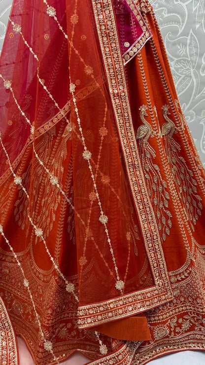 Orange Pure Soft Heavy Net Sequins Embroidery Work Bridal Lehenga Choli 