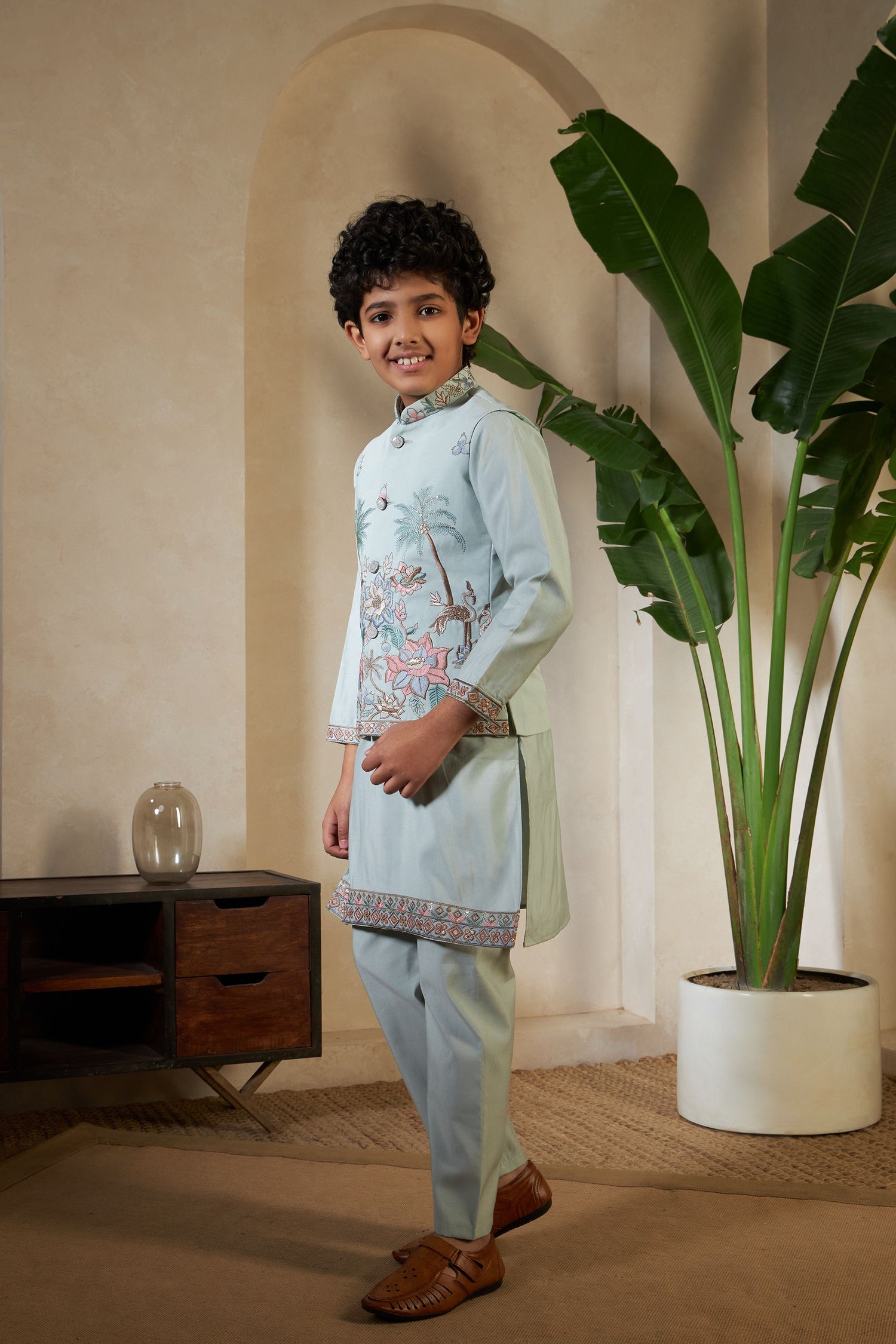 Pista Pure Viscose Silk Silk Kids Boy Kurta Pajama With Koti Jacket 