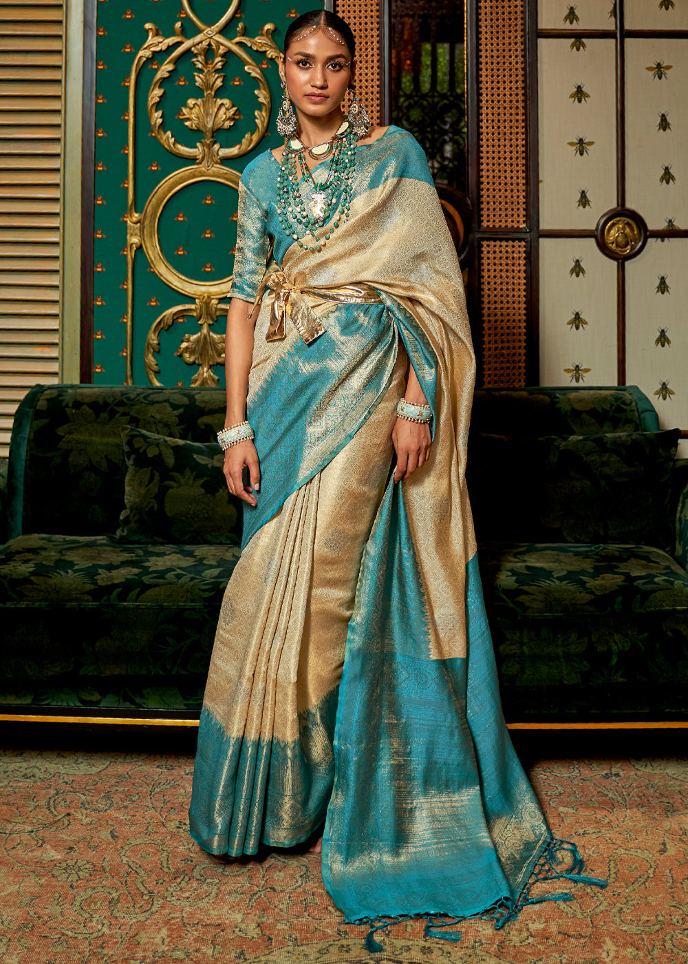 Cream Soft Silk Zari Base Handloom Soft Silk Saree Banarasi Saree Anant Tex Exports Pvt.Ltd..
