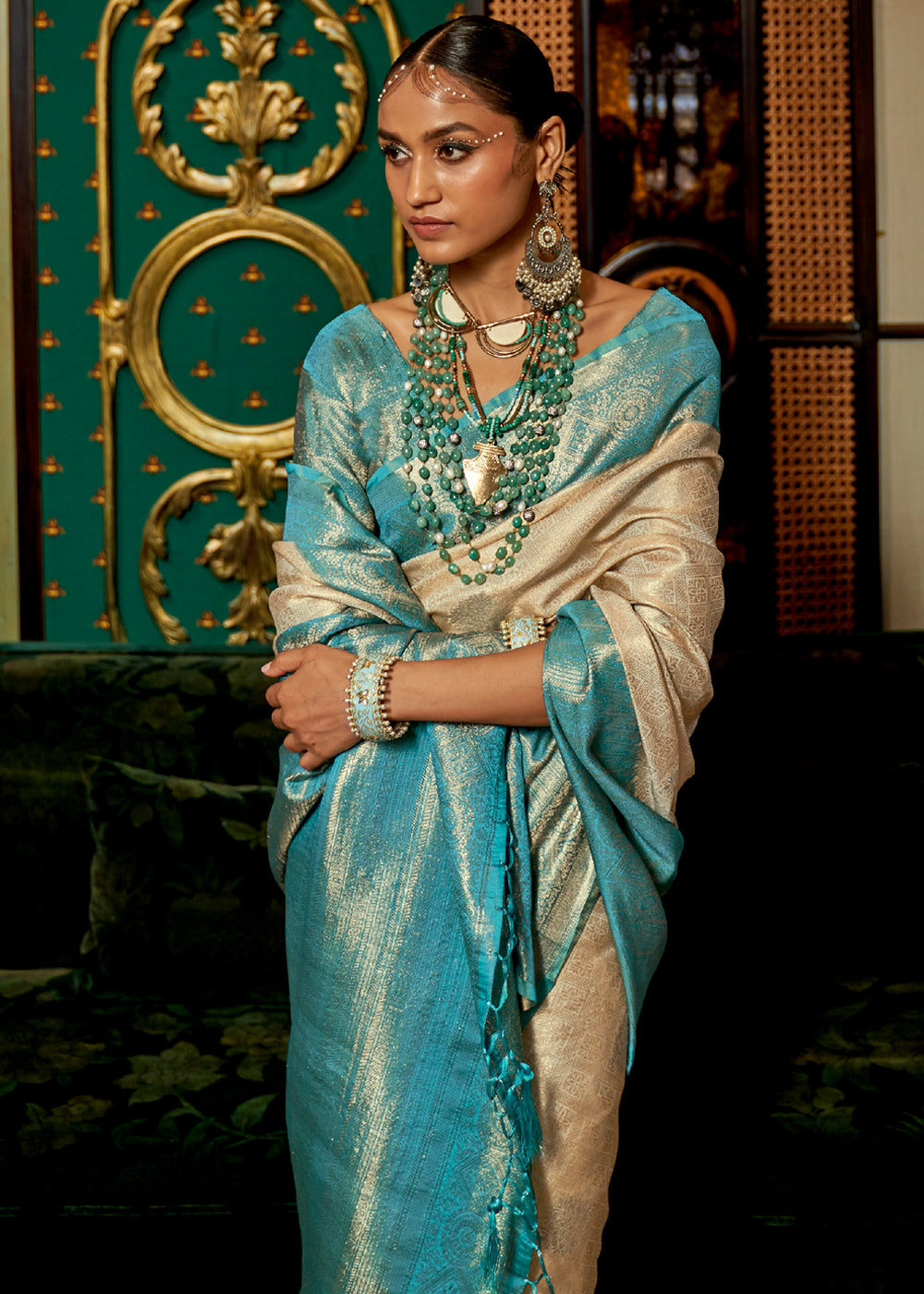 Cream Soft Silk Zari Base Handloom Soft Silk Saree Banarasi Saree Anant Tex Exports Pvt.Ltd..
