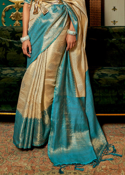 Cream Soft Silk Zari Base Handloom Soft Silk Saree Banarasi Saree Anant Tex Exports Pvt.Ltd..