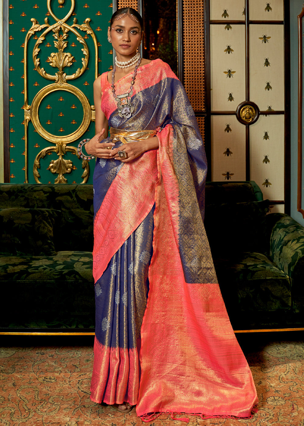 Mulled Blue Soft Silk Zari Base Handloom Soft Silk Saree Banarasi Saree Anant Tex Exports Pvt.Ltd..