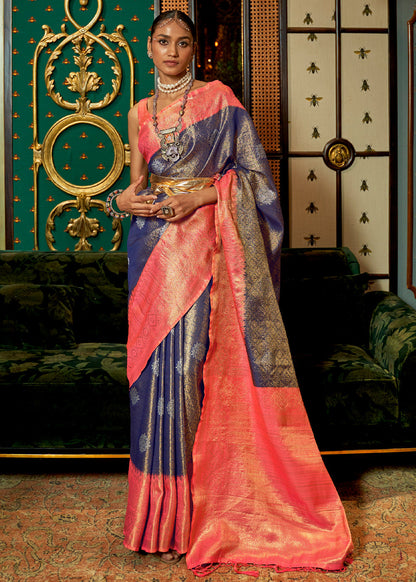 Mulled Blue Soft Silk Zari Base Handloom Soft Silk Saree Banarasi Saree Anant Tex Exports Pvt.Ltd..