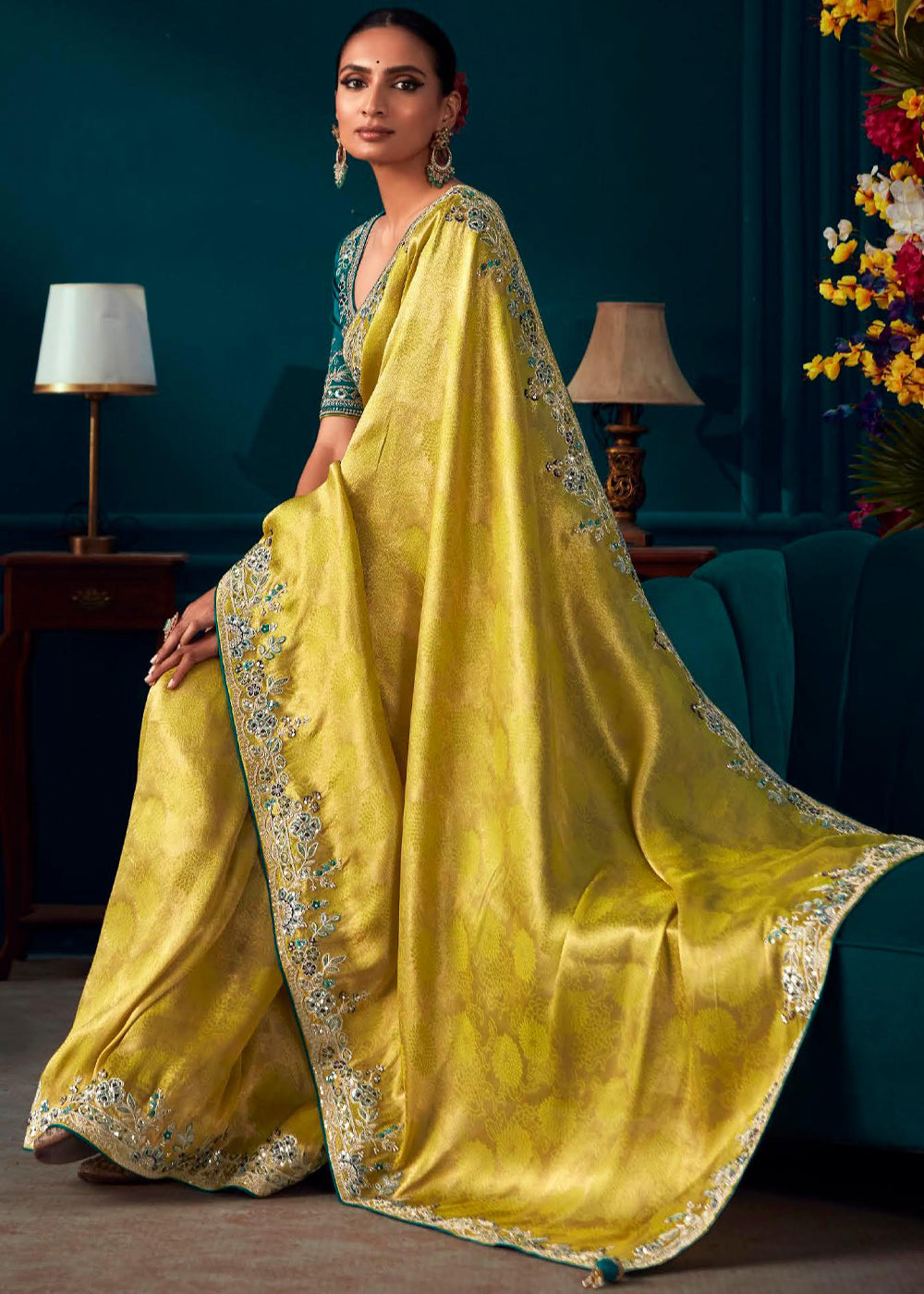 Beautiful Designer Turmeric Yellow Woven Embroidered Banarasi Silk Saree