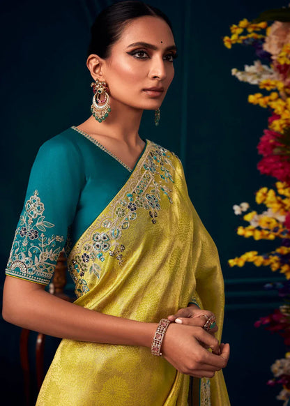Beautiful Designer Turmeric Yellow Woven Embroidered Banarasi Silk Saree
