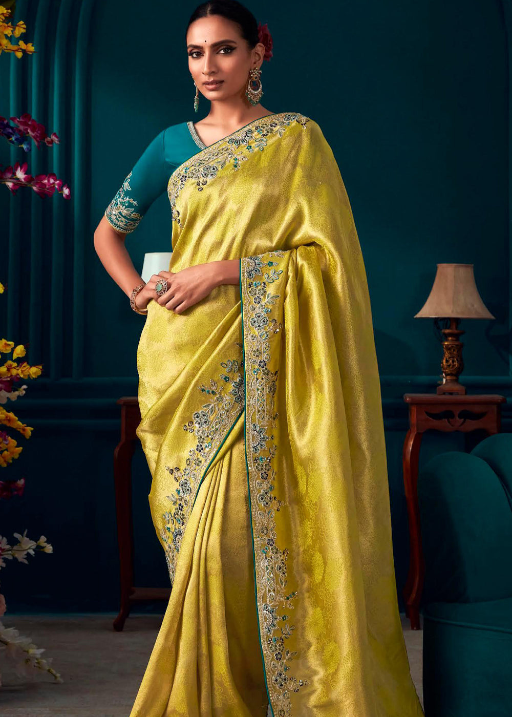 Beautiful Designer Turmeric Yellow Woven Embroidered Banarasi Silk Saree