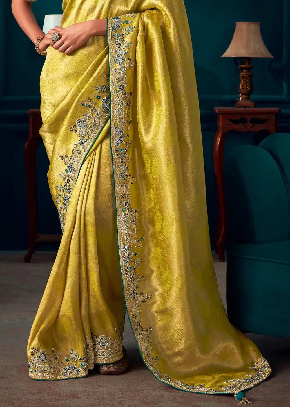 Beautiful Designer Turmeric Yellow Woven Embroidered Banarasi Silk Saree