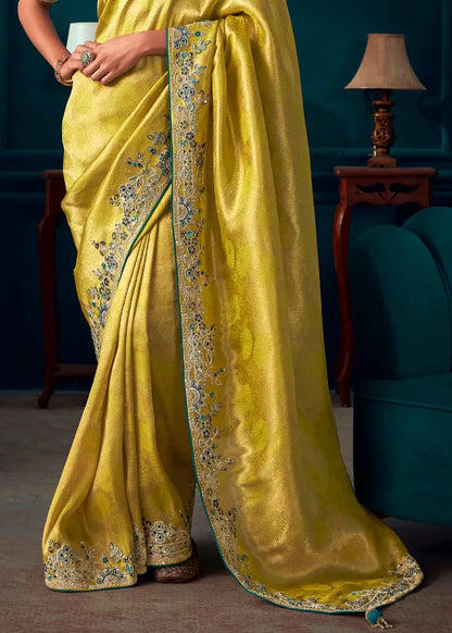 Beautiful Designer Turmeric Yellow Woven Embroidered Banarasi Silk Saree