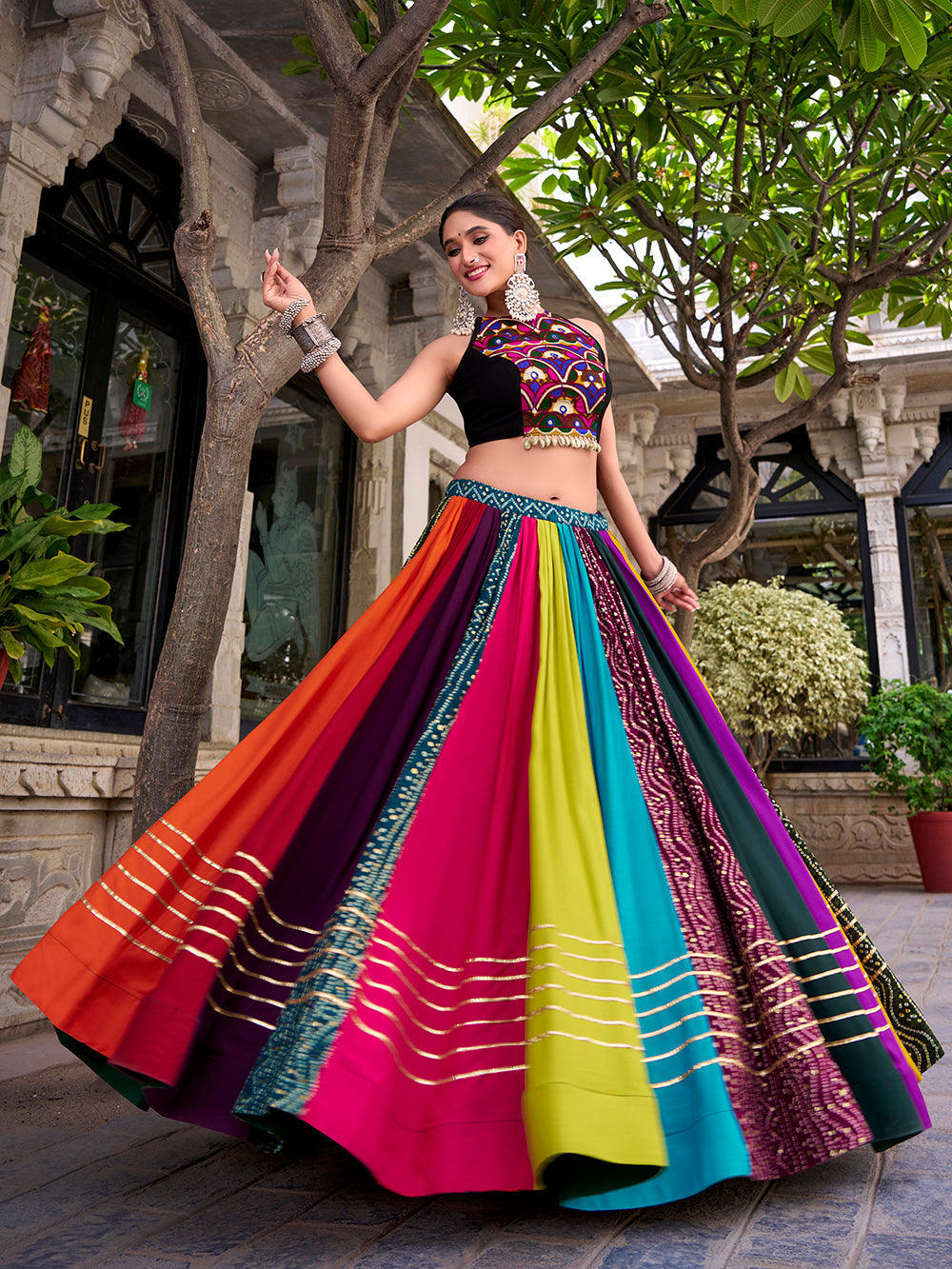 Multicolour Pure Reyon Cotton Embroidery Work Navratri Lehenga Choli