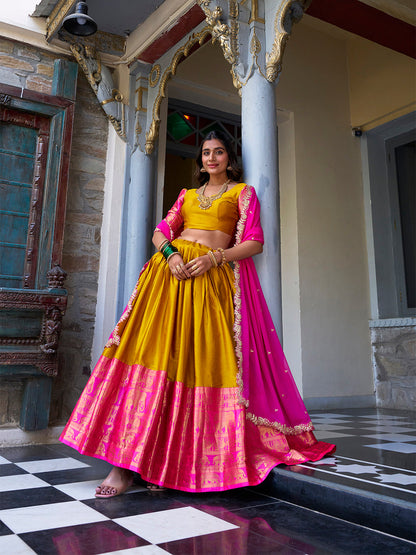 Mustard Pure Narayan Pattu with Zari Weaving &amp; Embroidery Paithani Lehenga Choli