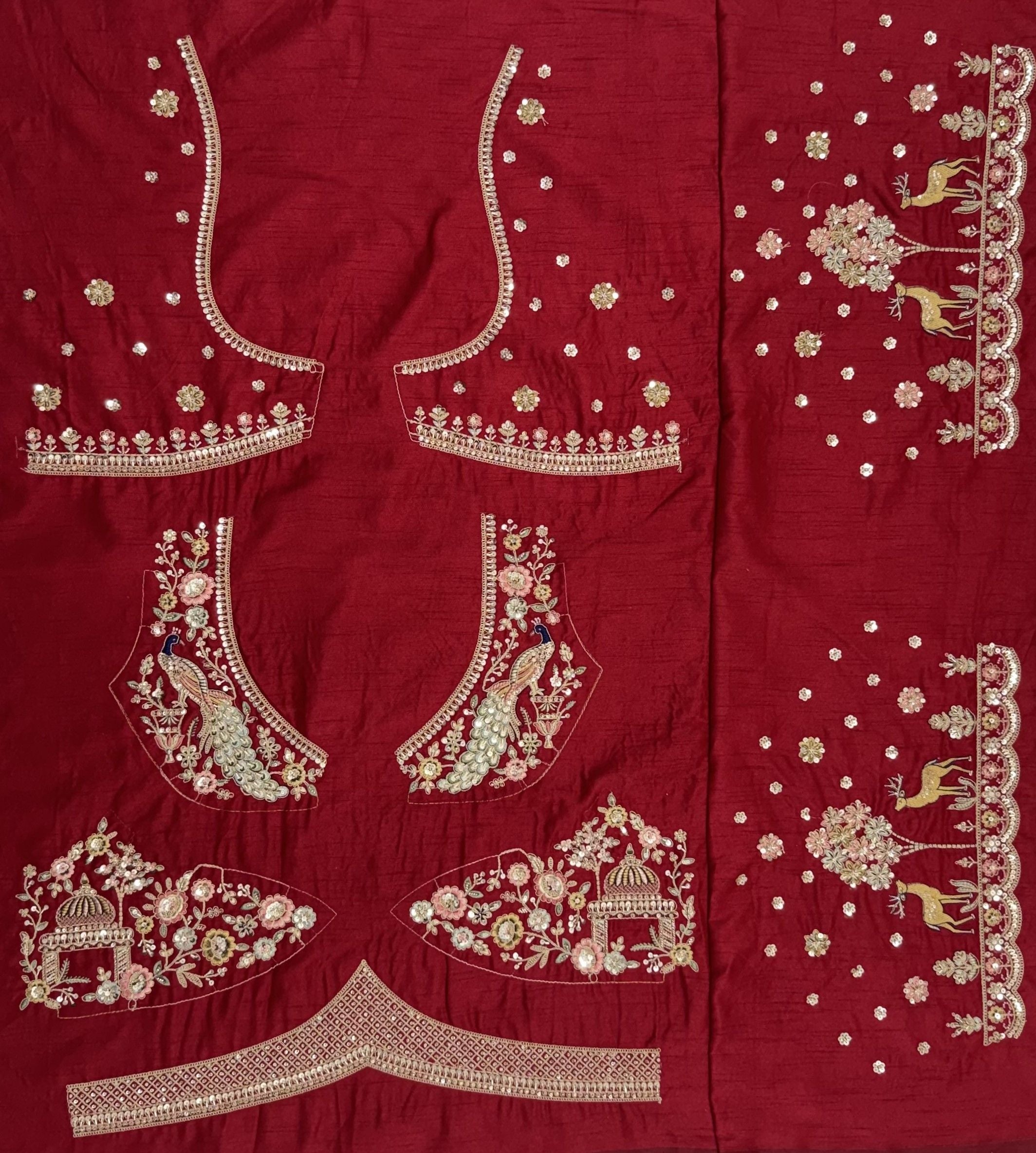 Red Pure Soft Multi Color Motif Multi thread Embroidery Sequins Work Bridal Lehenga Choli