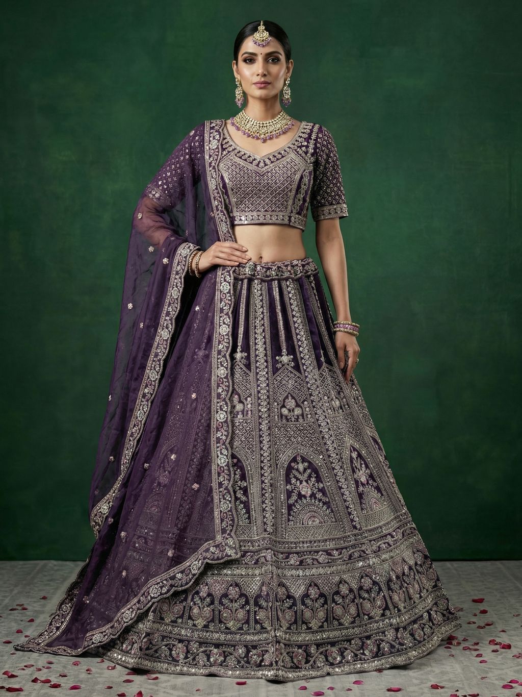 Purple Pure Soft Satin Silk Heavy Embroidery Work Bridal Lehenga