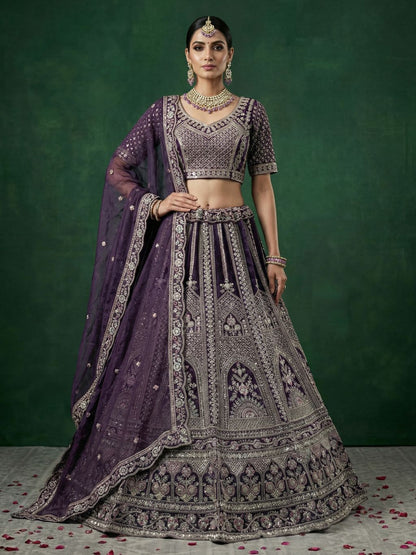 Purple Pure Soft Satin Silk Heavy Embroidery Work Bridal Lehenga