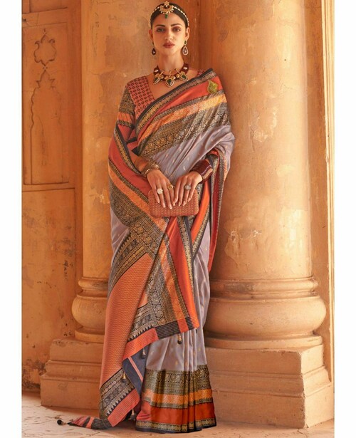 Grey Patola Silk Traditional Woven Saree ##color## Patola Saree with premium fabric and embroidery