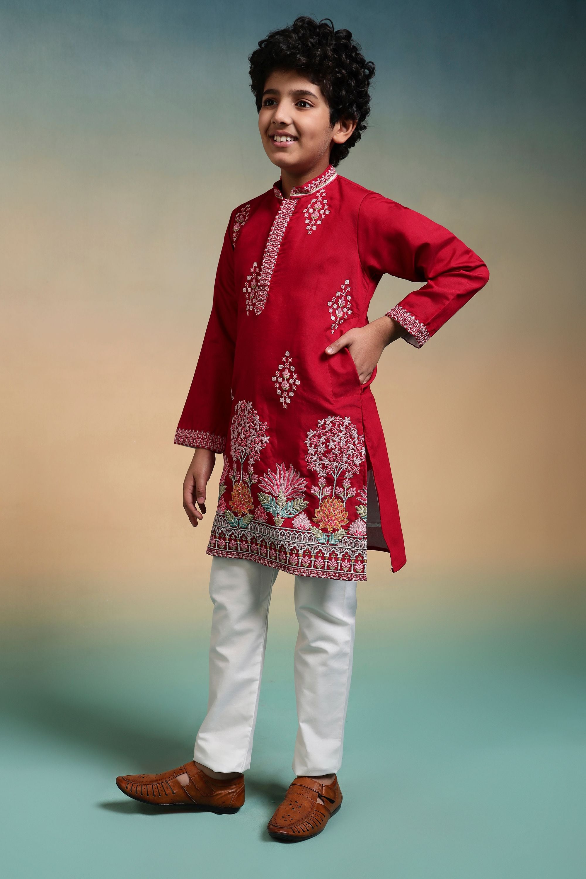 Red Pure Viscose Silk Kids Boy Kurta Pajama 