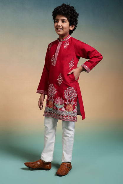 Red Pure Viscose Silk Kids Boy Kurta Pajama 