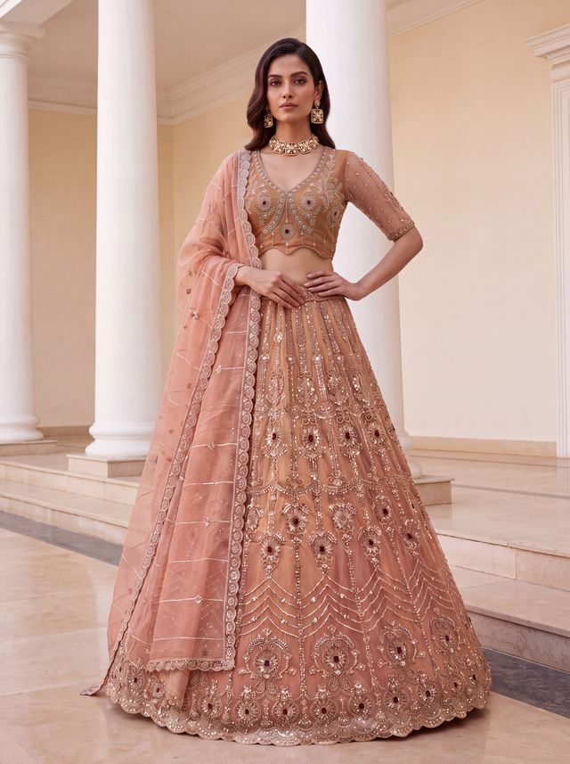 Peach Pure  Fendi Tussaud Silk Crystal Beads work Multi Thread Dori and Sequins Work Sequins Work Bridal Lehenga Choli