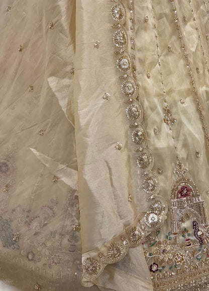 Off White Pure Chandnia Silk Handwork Motif Peacock Pattern Crystal Beads Multi Thread Dori &amp; Sequins Work Bridal Lehenga Choli