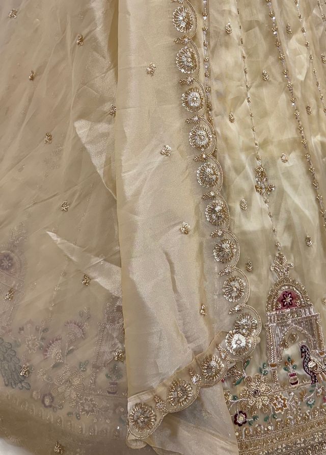 Off White Pure Chandnia Silk Handwork Motif Peacock Pattern Crystal Beads Multi Thread Dori &amp; Sequins Work Bridal Lehenga Choli
