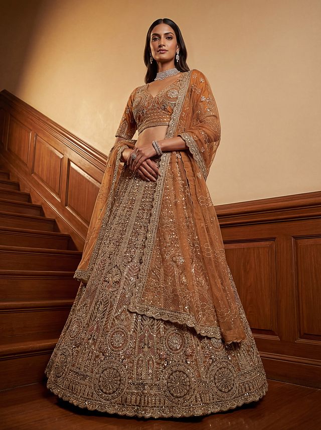 Orange Pure Soft Heavy Net Sequins Embroidery Work Bridal Lehenga 