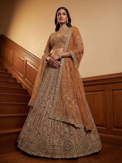 Orange Pure Soft Heavy Net Sequins Embroidery Work Bridal Lehenga 