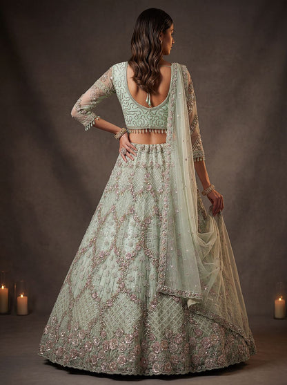 Sky Blue Pure Soft Heavy Double Net Crafted Fancy Chapat Zari Work Bridal Lehenga Choli