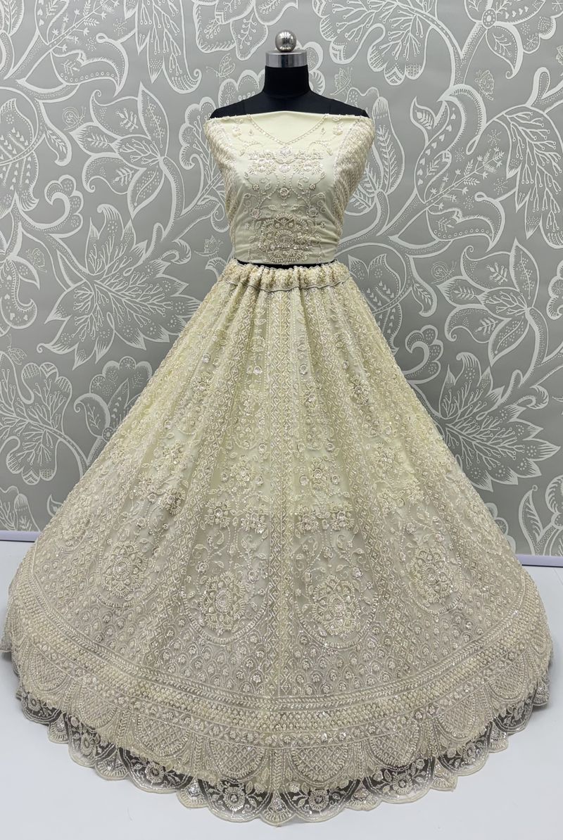 Cream Pure Heavy Net Motif Handwork Zari Sequins Work Bridal Lehenga Choli