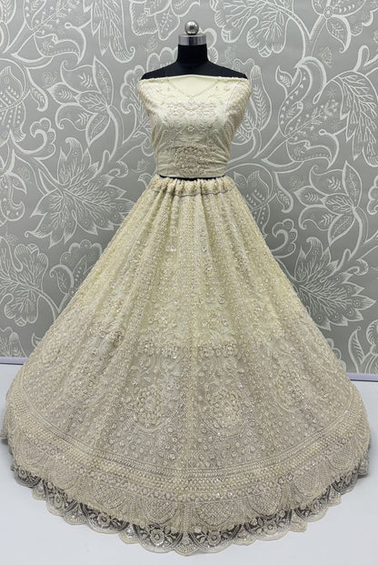 Cream Pure Heavy Net Motif Handwork Zari Sequins Work Bridal Lehenga Choli