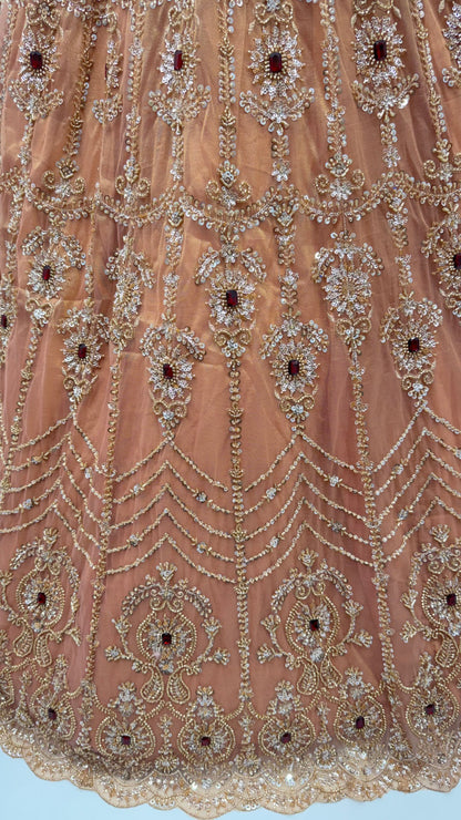 Peach Pure  Fendi Tussaud Silk Crystal Beads work Multi Thread Dori and Sequins Work Sequins Work Bridal Lehenga Choli