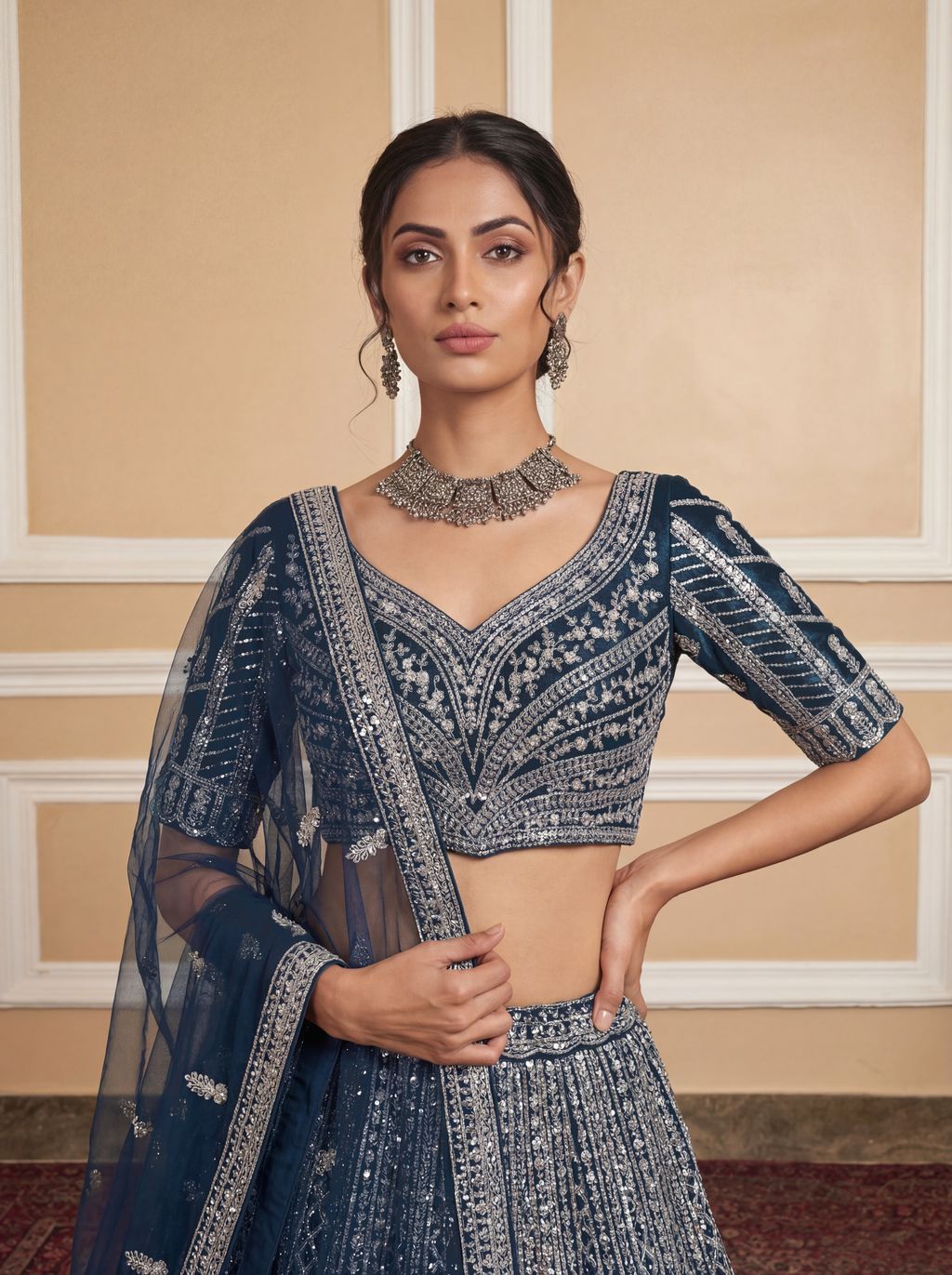 Rama Blue Pure Soft Net Heavy Embroidery Work Bridal Lehenga