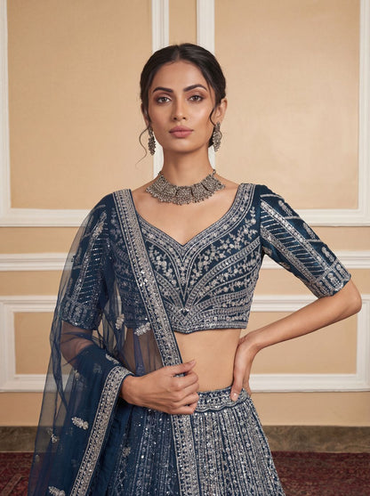 Rama Blue Pure Soft Net Heavy Embroidery Work Bridal Lehenga