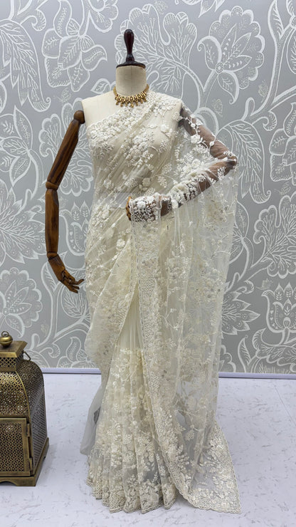 White Pure Premium Net Handwork Kasti &amp; Motif Zari Metallic Sequins Work Wedding Saree