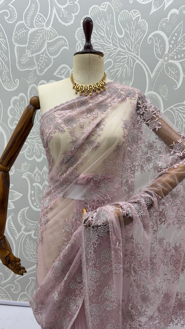 Lavender Pure Premium Net Handwork Kasti &amp; Motif Zari Metallic Sequins Work Wedding Saree