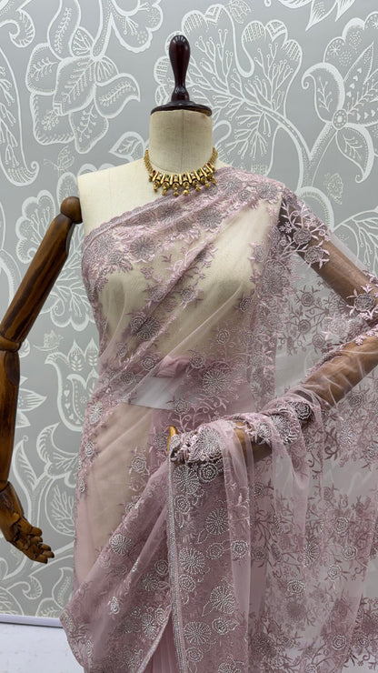 Lavender Pure Premium Net Handwork Kasti &amp; Motif Zari Metallic Sequins Work Wedding Saree