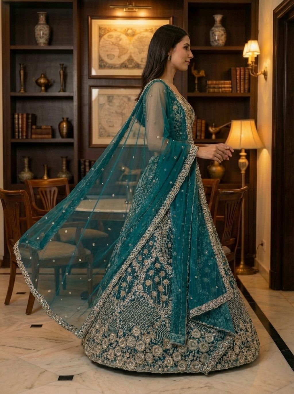 Firozi Pure Soft Net Heavy Embroidery Work Bridal Lehenga