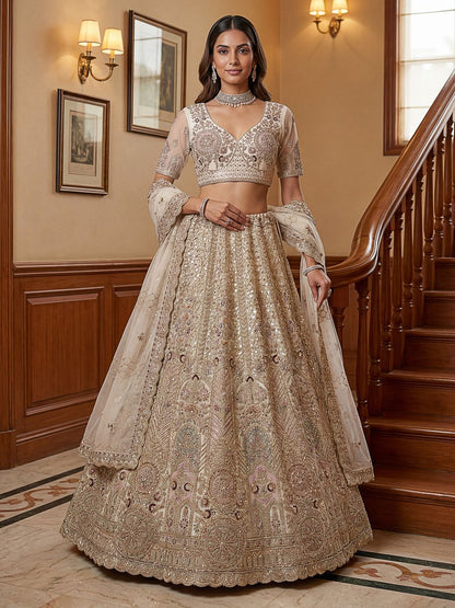 White Pure Soft Heavy Net Sequins Embroidery Work Bridal Lehenga 