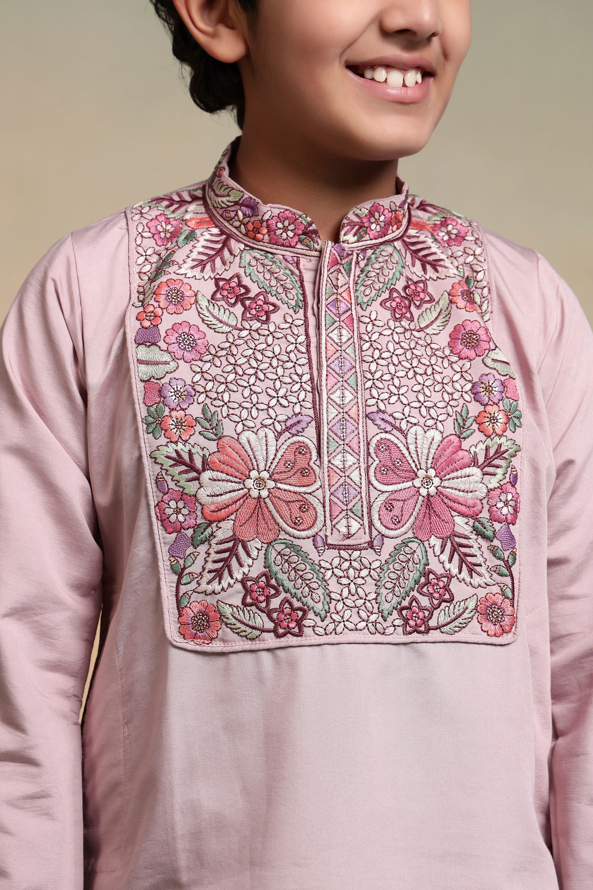 Pink Pure Viscose Silk Kids Boy Kurta Pajama